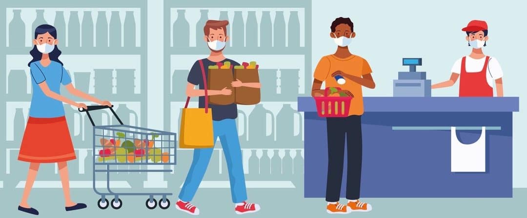 people shopping in supermarket with face mask vector illustration design