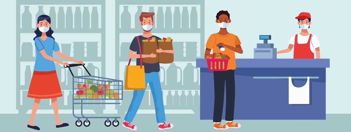 people shopping in supermarket with face mask vector illustration design