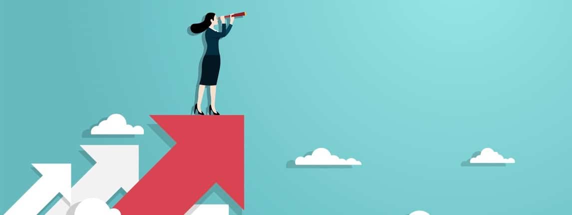 Business vision and target, Business woman holding telescope standing on red arrow up go to success in career. Concept business, Achievement, Character, Leader, Vector illustration flat (Business vision and target, Business woman holding telescope