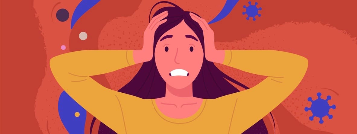 Young attractive cartoon brunette stressed woman with her hands on the head and with clenched teeth.