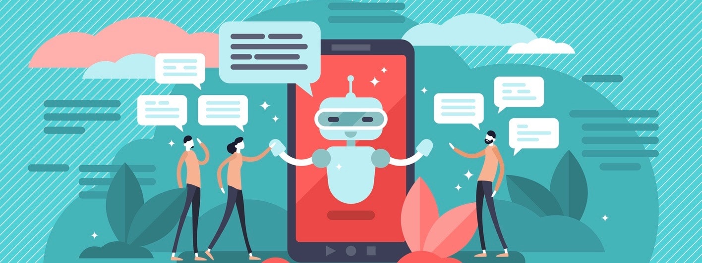 Chatbot vector illustration. Mini persons talk with digital robot concept.