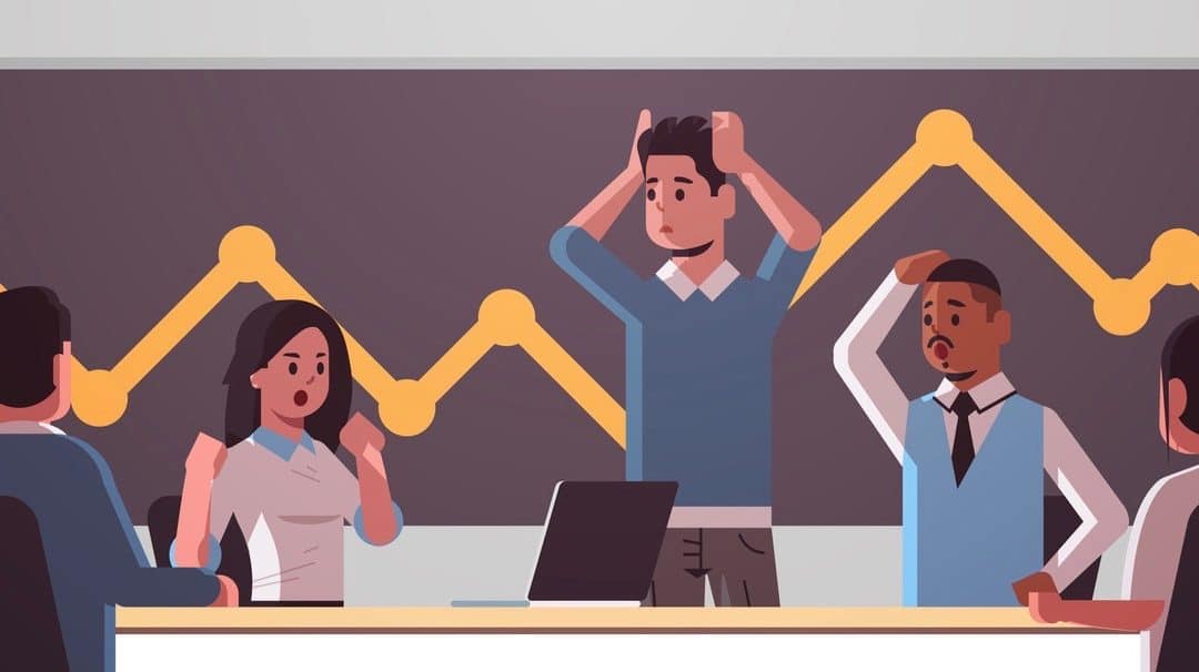 businesspeople team frustrated about falling economic graph arrow fall down financial crisis