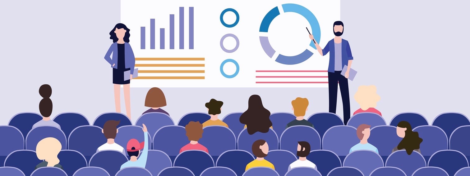 Business presentation with charts on the board in front of the audience at the conference. Speakers hold a presentation or corporate seminar. Vector flat illustration of a group and an audience.