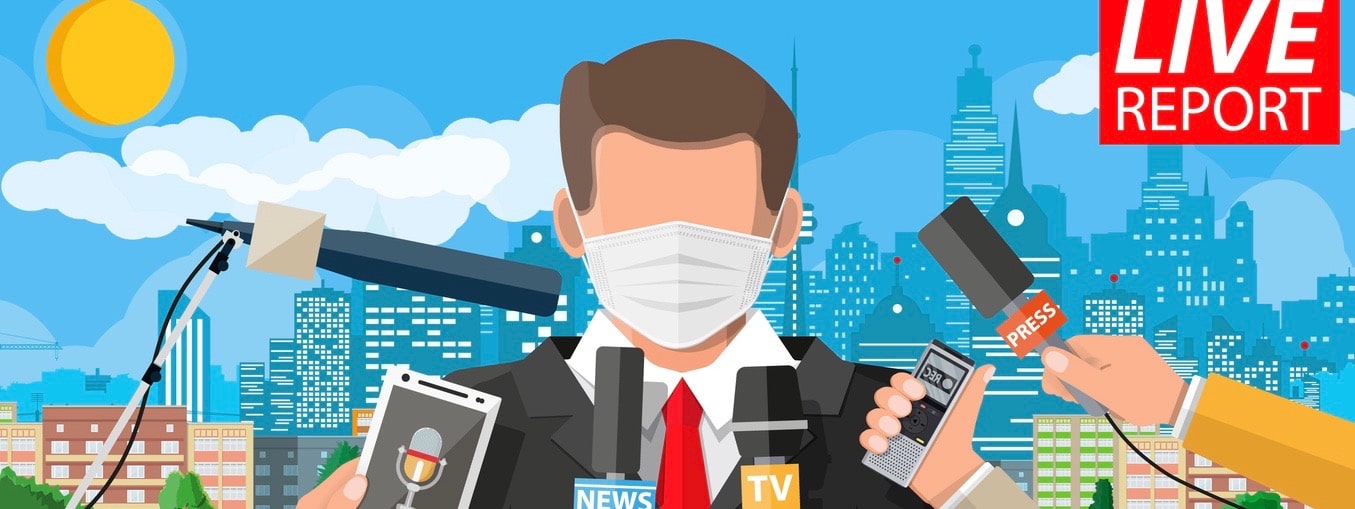 TV news anchorman in mask reads world news about covid-19 .