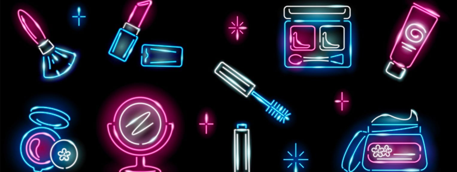 Set of neon cosmetics icons on black background