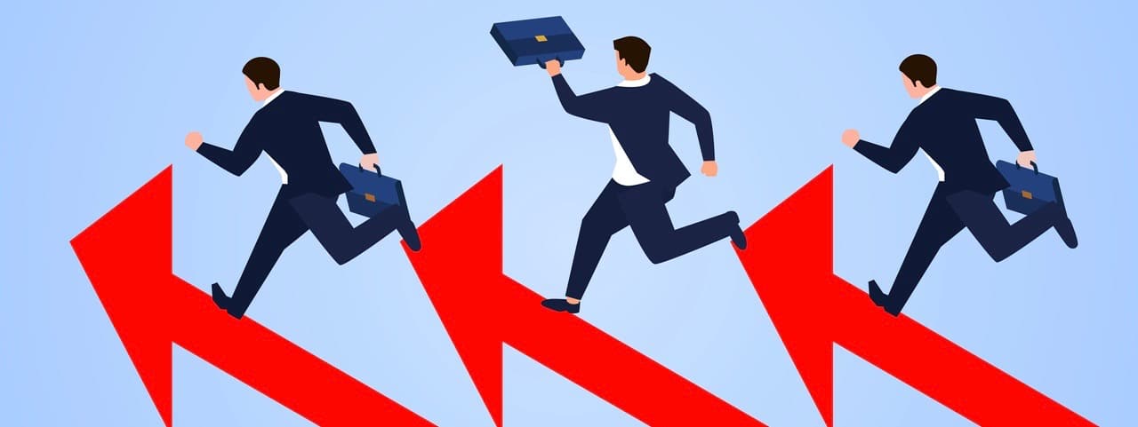 Three businessmen running along the upwardly growing arrow