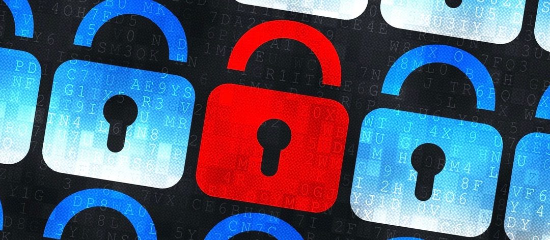 Cyber security concept: a red closed padlock in the center and many blue closed padlocks are superimposed on black digital background.