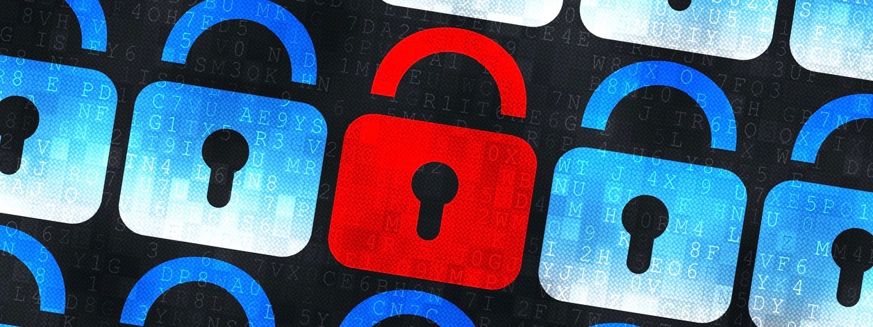 Cyber security concept: a red closed padlock in the center and many blue closed padlocks are superimposed on black digital background.