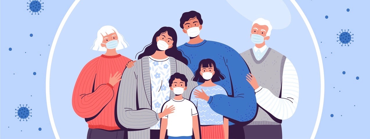 Family in medical masks stands in a protective bubble.