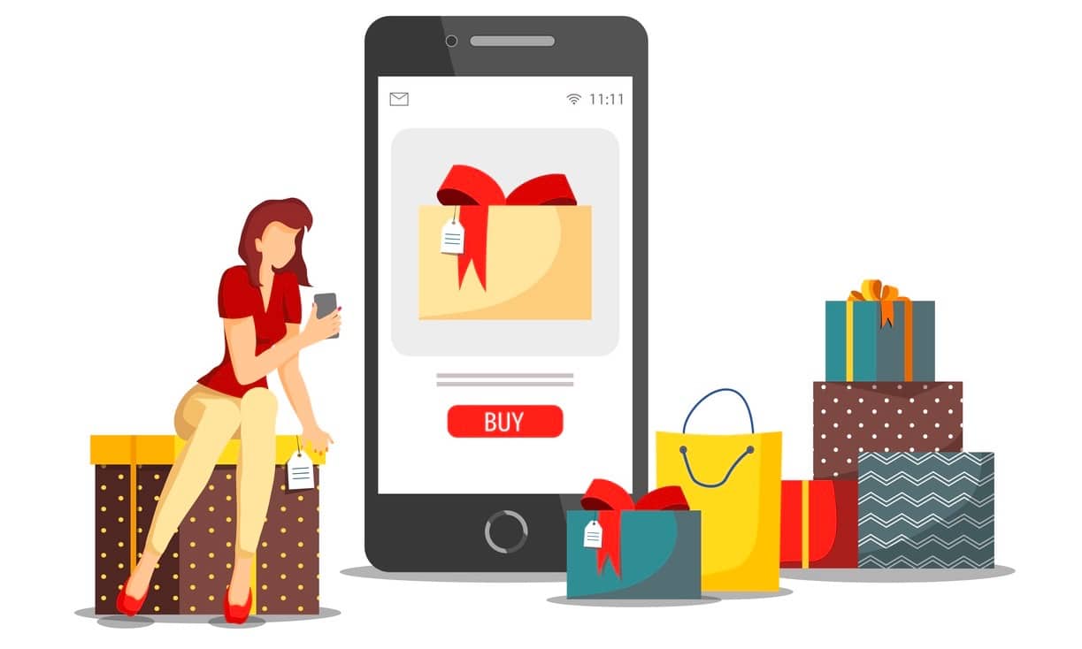 Woman with phone choosing gifts. 