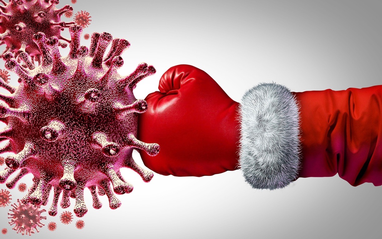 Santa Claus fighting contagious pathogen cells