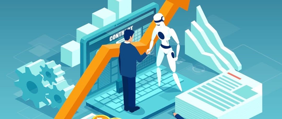 Vector of a businessman and a robot shaking hands standing on computer.