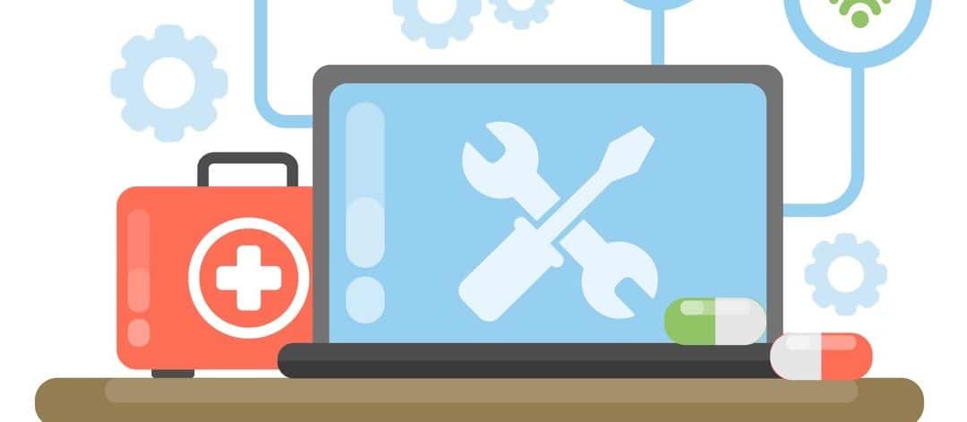 Computer repair concept. Computer screen with working tools.