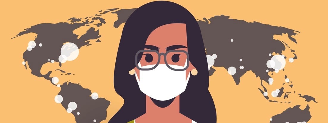 woman tv reporter in face mask showing world map outbreak of coronavirus pandemic spread infection epidemic MERS-CoV countries with Covid-19 portrait vector illustration (woman tv reporter in face mask showing world map outbreak of coronavirus