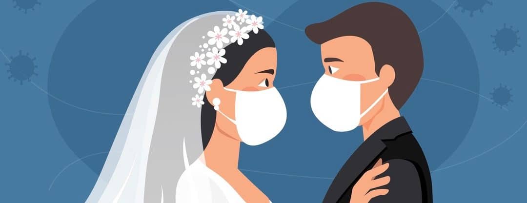 Wedding quarantine. Groom and bride wearing protective face mask on wedding day.