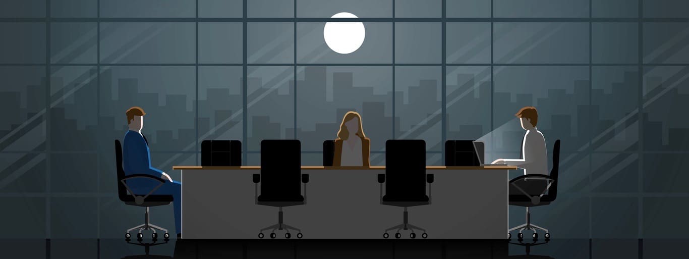 Business owner and employees meeting in office conference window room. Work in the dark and light from full moon. City lifestyle of work hard overtime and overwork. Idea illustration concept scene.