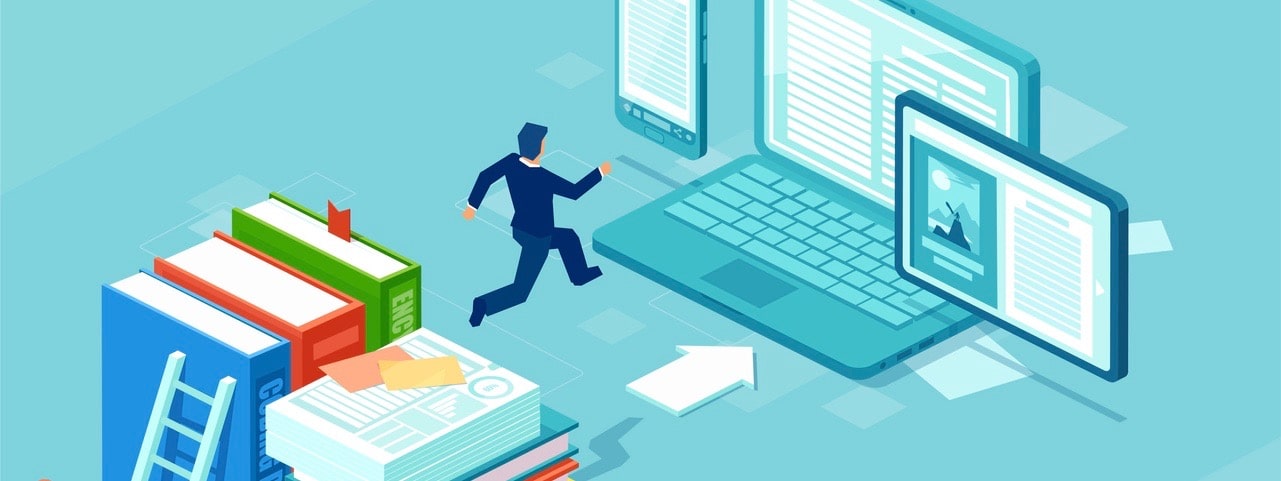 Isometric vector of a businessman switching to digital technology from paper.