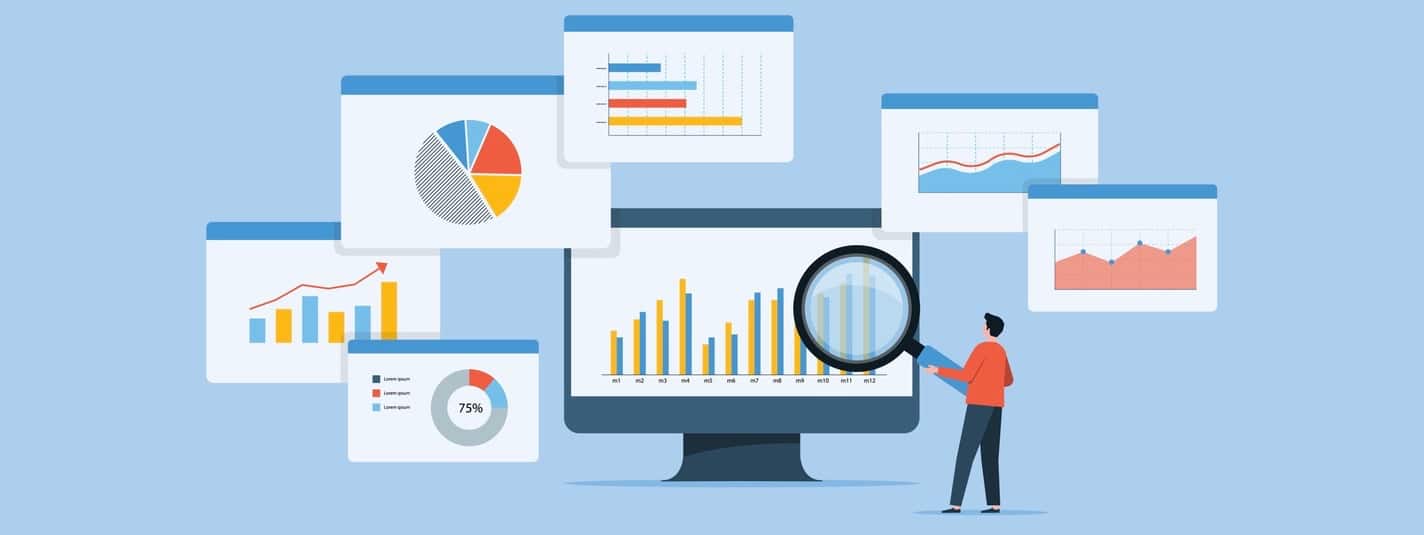  A cartoon image of a man using magnifying lens to see various data  insights from dashboards