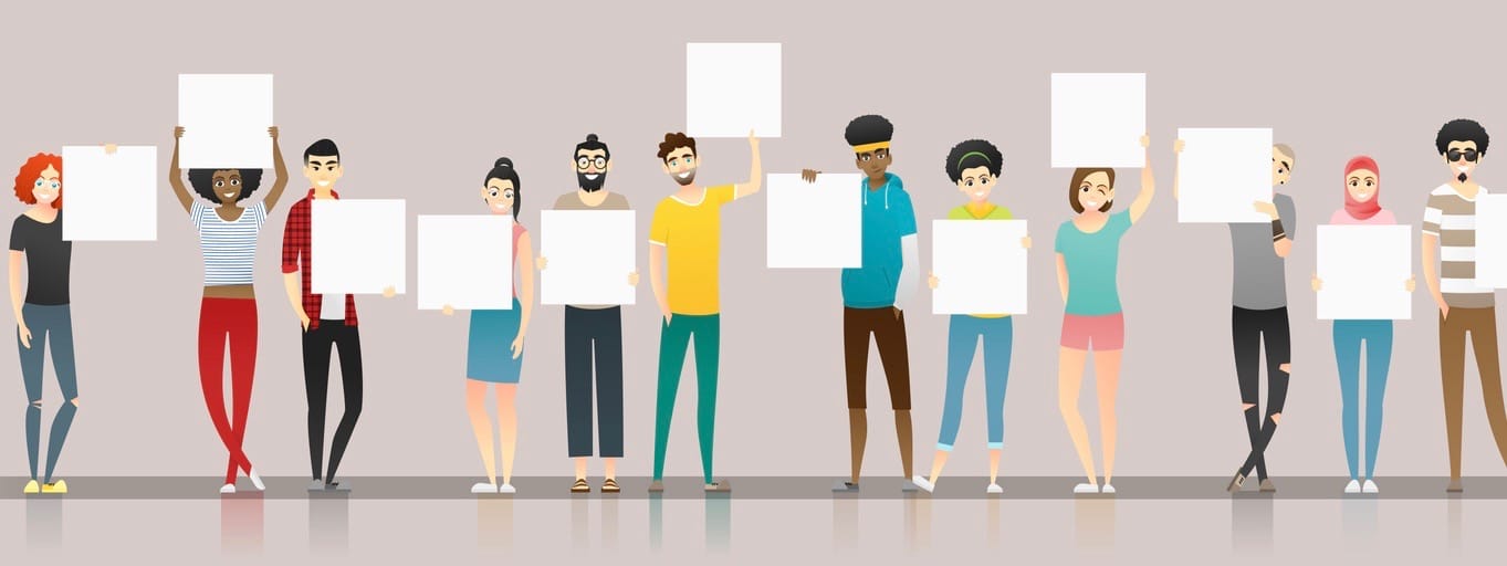 Group of young people holding empty boards , vector , illustration