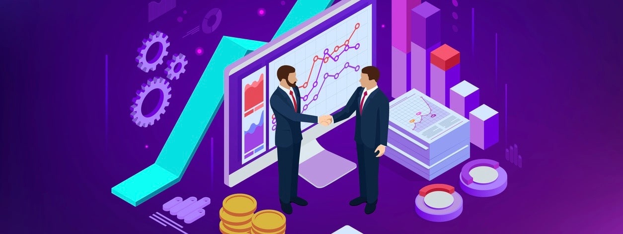 Isometric Successful business collaboration. Businessmen shaking hands.