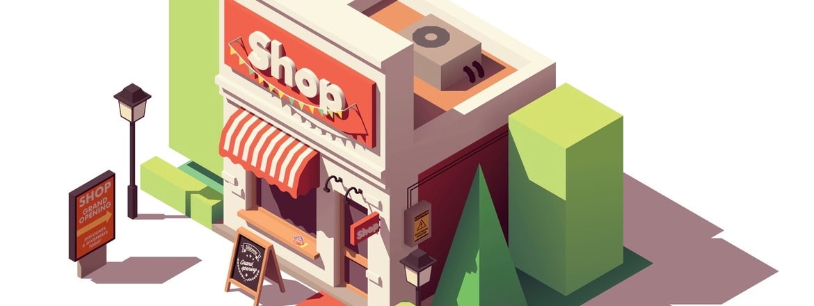 Vector isometric new shop or store grand opening with discount advertising