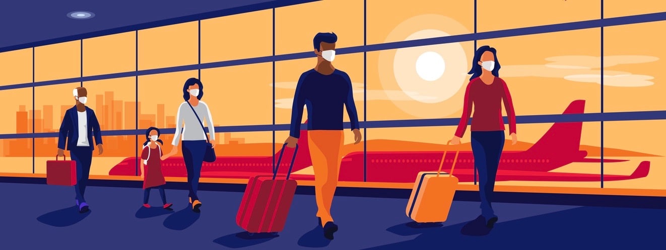 Airline passengers wearing face masks walking at airport gate terminal.