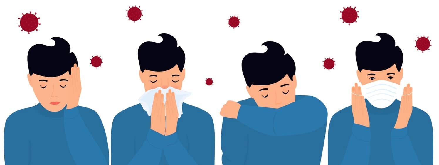 COVID-19. Coronavirus prevention and symptoms. Headache. The man puts on a protective mask, sneezes on the elbow, in a napkin.