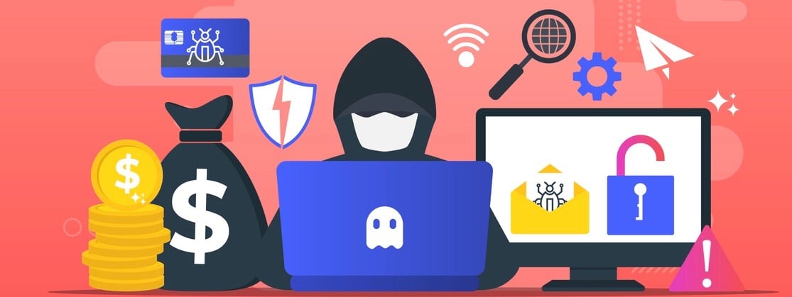 Hacker activity concept, security hacking, online theft, criminals, burglars wearing black masks, stealing personal information from computer.