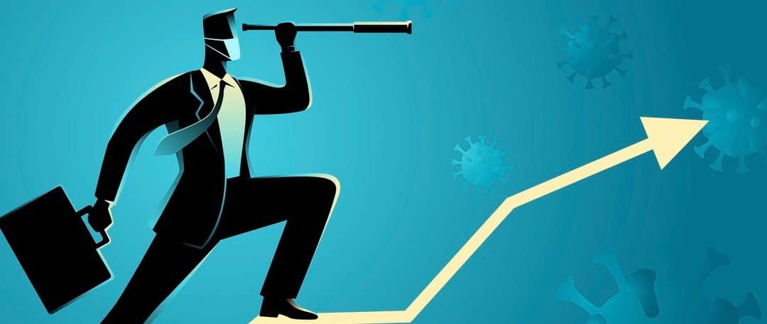 Business vector illustration of a businessman using telescope on graphic chart with covid-19 on the background.