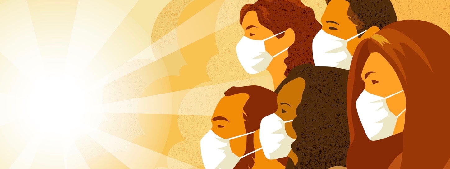 Vector illustration of multinational group of people in medical mask look into the future with hope.