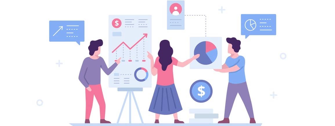 Data analytics concept. Financial report and presentation, teamwork in office.