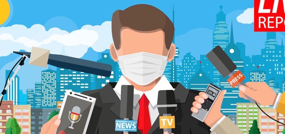 TV news anchorman in mask reads world news about covid-19