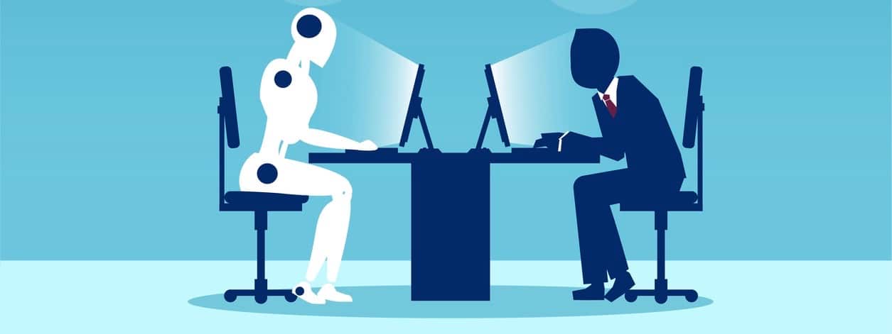 Vector of a man working with a robot sitting at table.