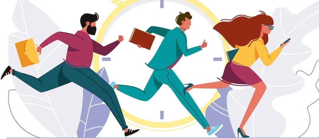 Businessman and businesswoman running against background of old clock.