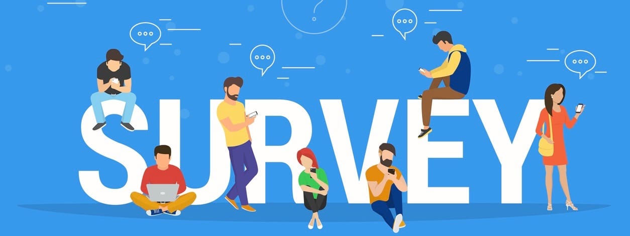 Online survey concept vector illustration of people using laptop and smartphone mobile app for fulfilling checklist or leaving a feedback for online service.