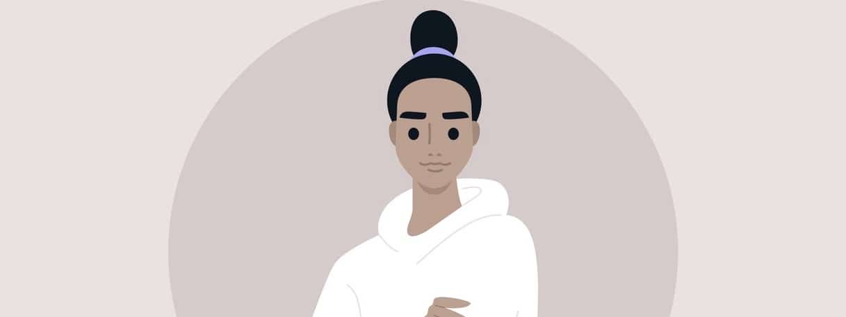 A portrait of a young caucasian female character wearing a blank hoodie, streetwear fashion