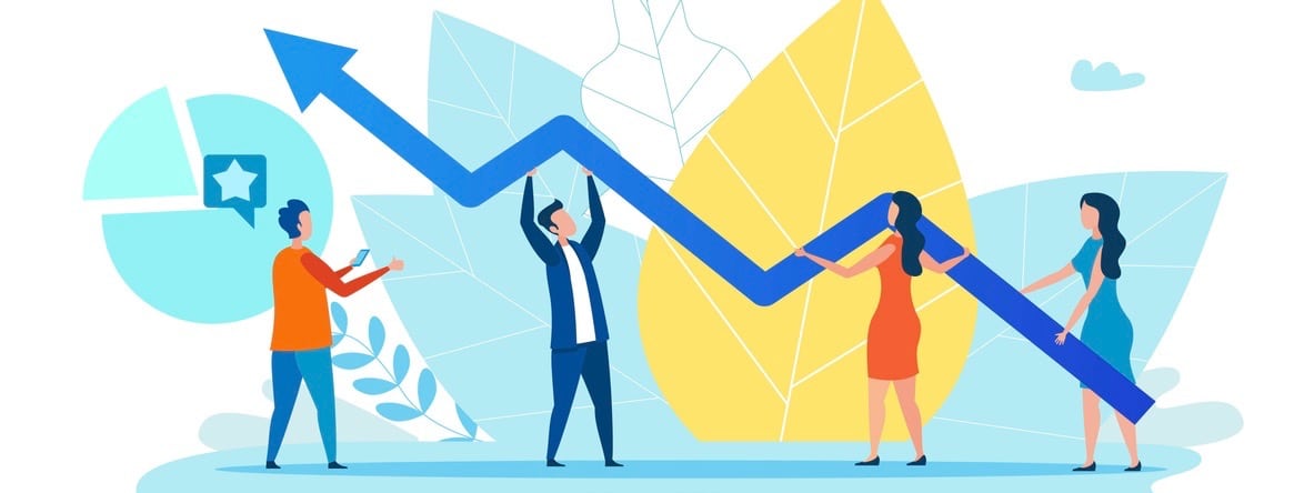 Men and Women Holding Growth Graph, Zigzag Arrow.