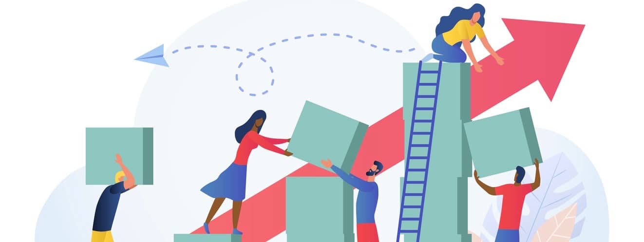 Composition with group of multiracial employees, managers or office workers moving boxes to assemble towers. Concept of teamwork, team building and building successful business. Vector illustration. (Composition with group of multiracial employees, ma