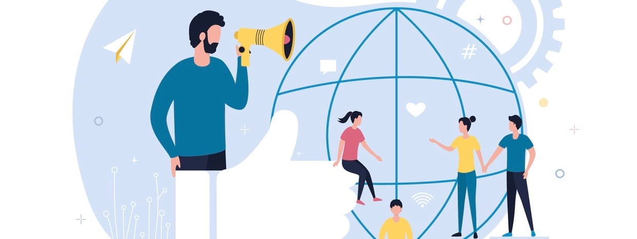 Concept blogger influencer social network. Man with a megaphone, storytelling. Online communication, followers, likes, promotion of goods and services via the Internet. Flat vector illustration (Concept blogger influencer social network. Man with a me