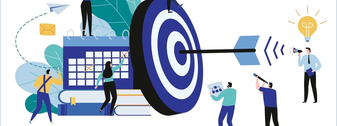 Target with arrow vector illustration banner. goal achievement. business teamwork marketing concept.