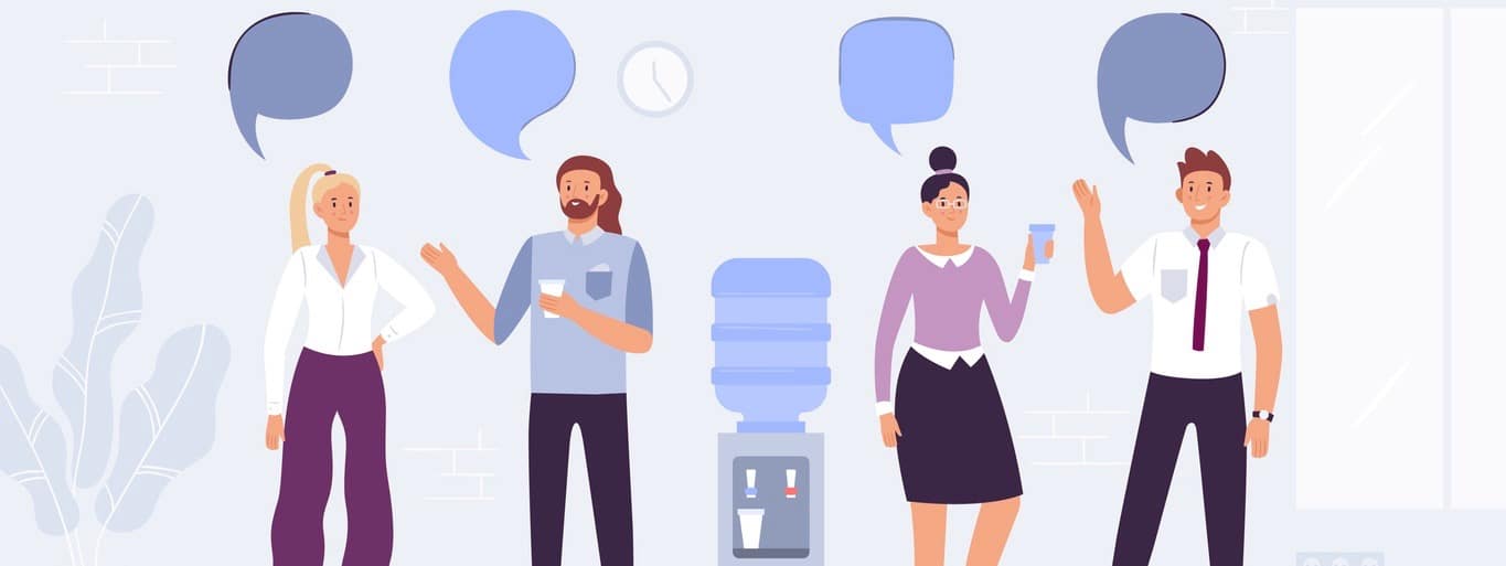 Water cooler talk. Office workers conversation, people drink water and talking with speech bubbles.
