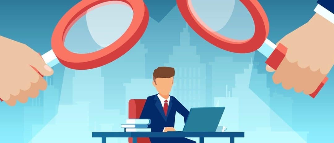 Vector of two managers with magnifying glass watching over at employee working at his desk on computer