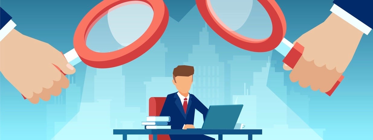 Vector of two managers with magnifying glass watching over at employee working at his desk on computer