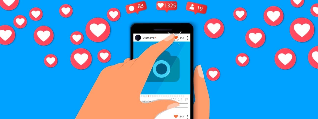Influencer marketing concept with hand holding smartphone and like and hearts Illustration.