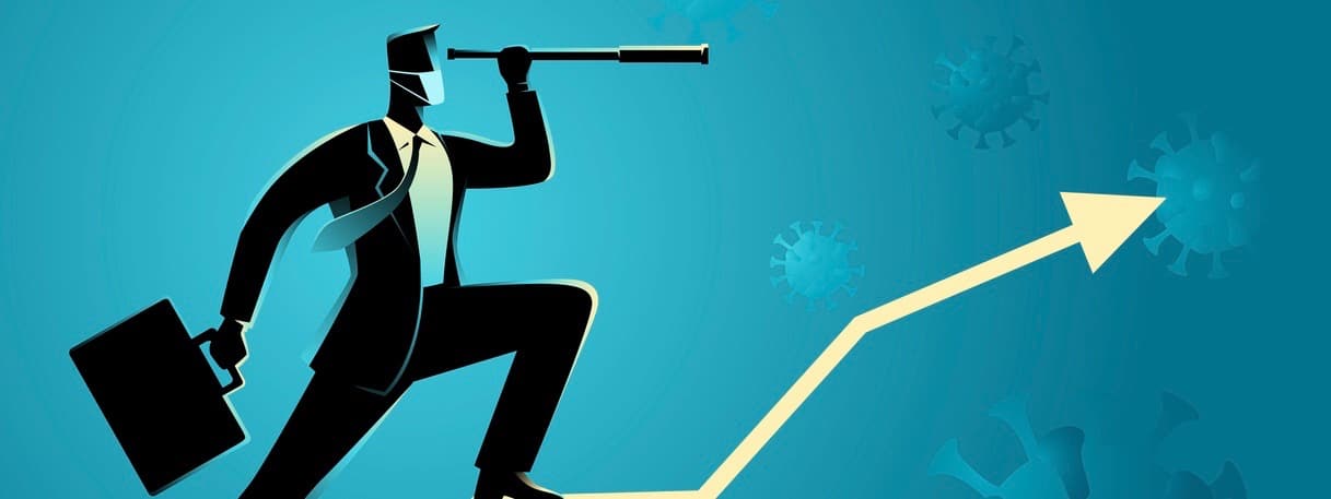 Business vector illustration of a businessman using telescope on graphic chart with covid-19 on the background.
