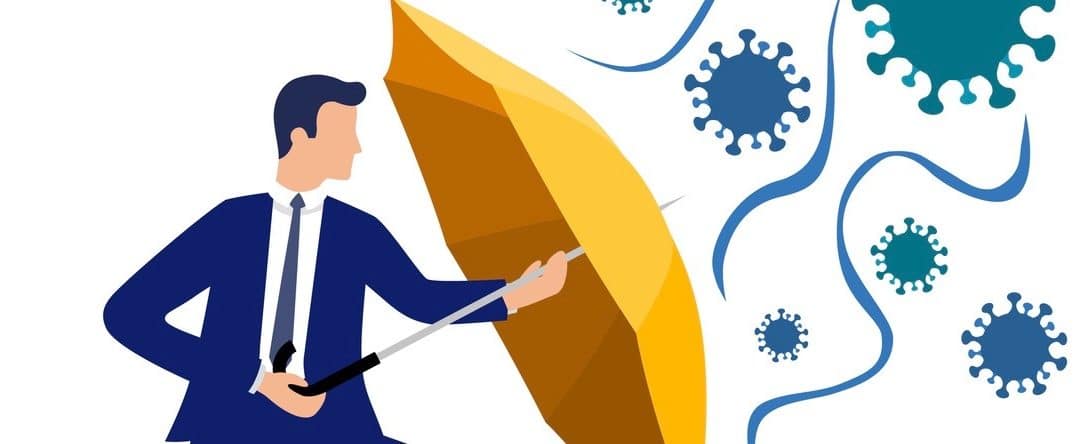 Flat vector businessman holding an umbrella protecting him from virus - coronavirus pandemic, safety measures, protection.