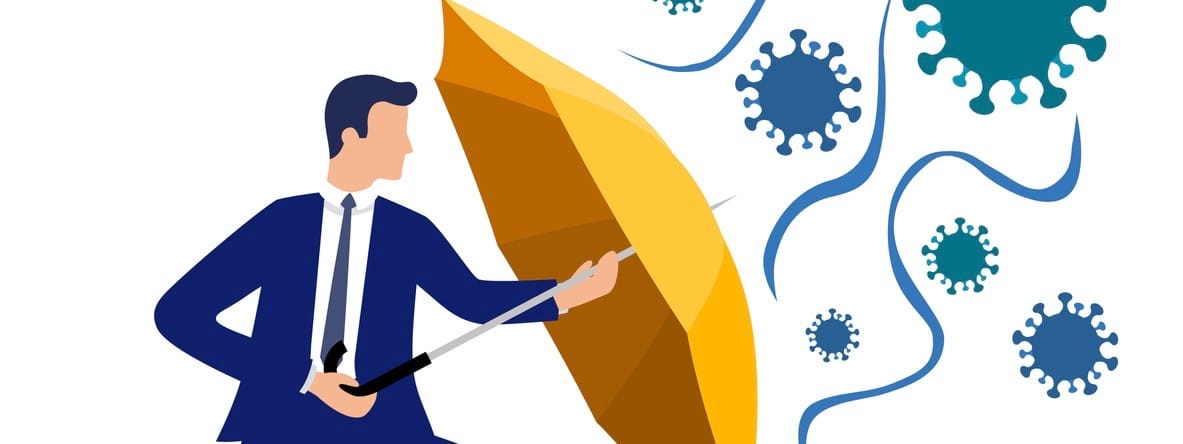 Flat vector businessman holding an umbrella protecting him from virus - coronavirus pandemic, safety measures, protection.