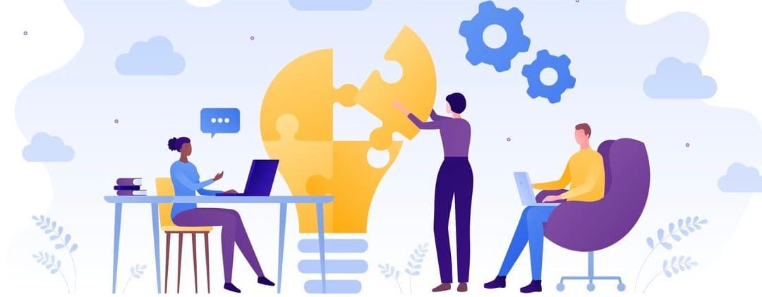 Business teamwork success concept. Vector flat people illustration. Male and female sitting with laptop and woman placing piece of puzzle.