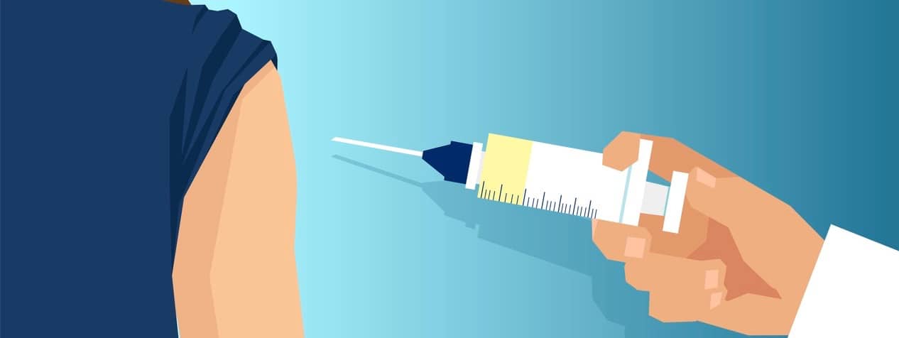 Vector of a doctor with syringe injecting vaccine to a patient shoulder.