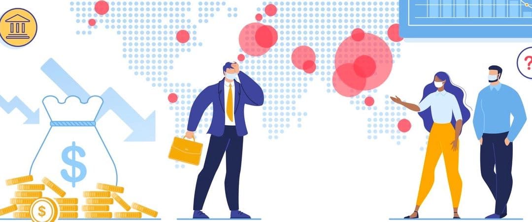 Coronavirus Outbreak World Viral Shedding and Global Economy Crisis, Financial Crash. Stock Market Chart Fall and Upset Businessman, People in Facial Mask.